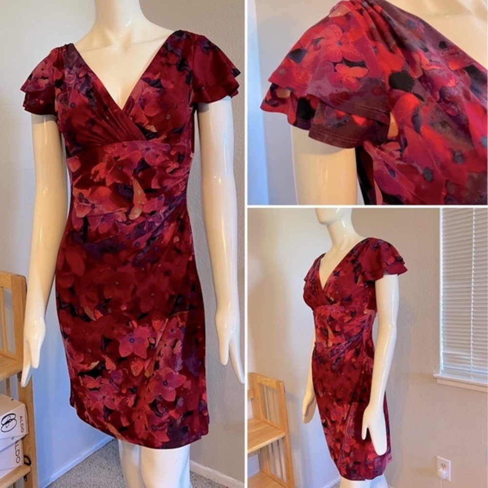 LAUREN RALPH LAUREN-
 Flutter Sleeve Ruched Floral-Print Stretchy Dress-Sz 10P